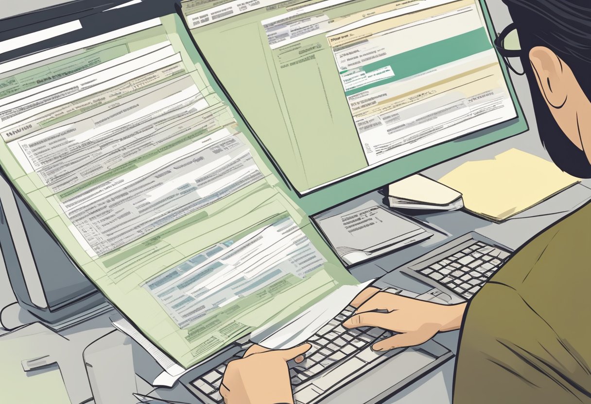 A person browsing through a list of reputable moneylenders in Singapore, with various names and contact information displayed on a computer screen or printed document