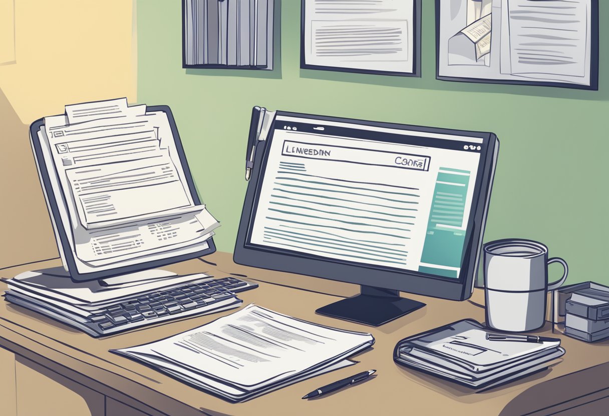 A desk with a computer and a list of licensed money lenders on the screen. A stack of papers and a pen are next to the computer