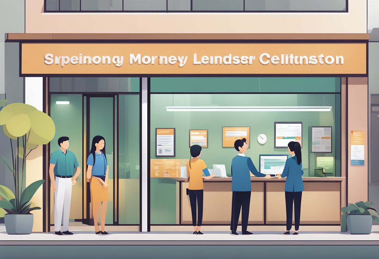 A licensed money lender's office in Clementi with a sign displaying their accreditation and a professional-looking staff assisting a customer