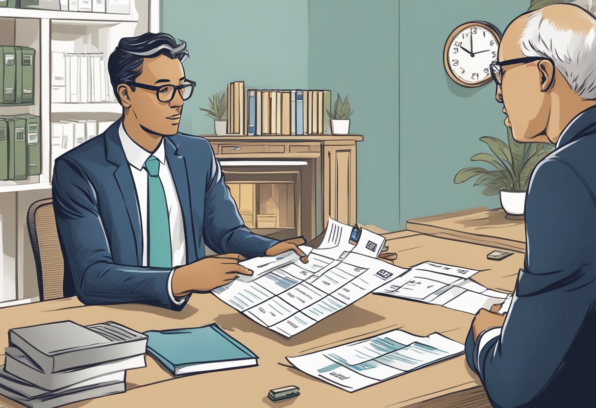 A person holding an invoice and speaking to a money lender, gesturing towards a calendar with past due dates highlighted