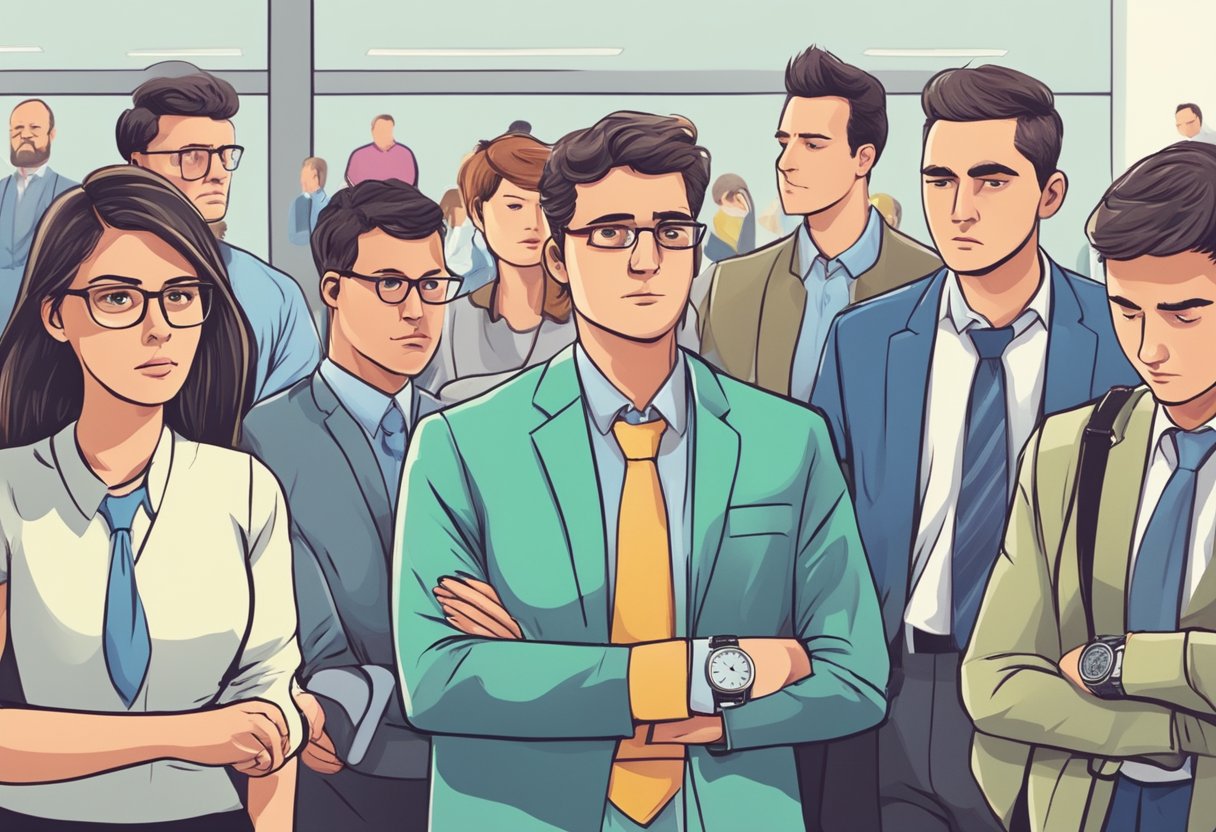 A person checks their watch while waiting in line at a credit bureau office, surrounded by other people with worried expressions