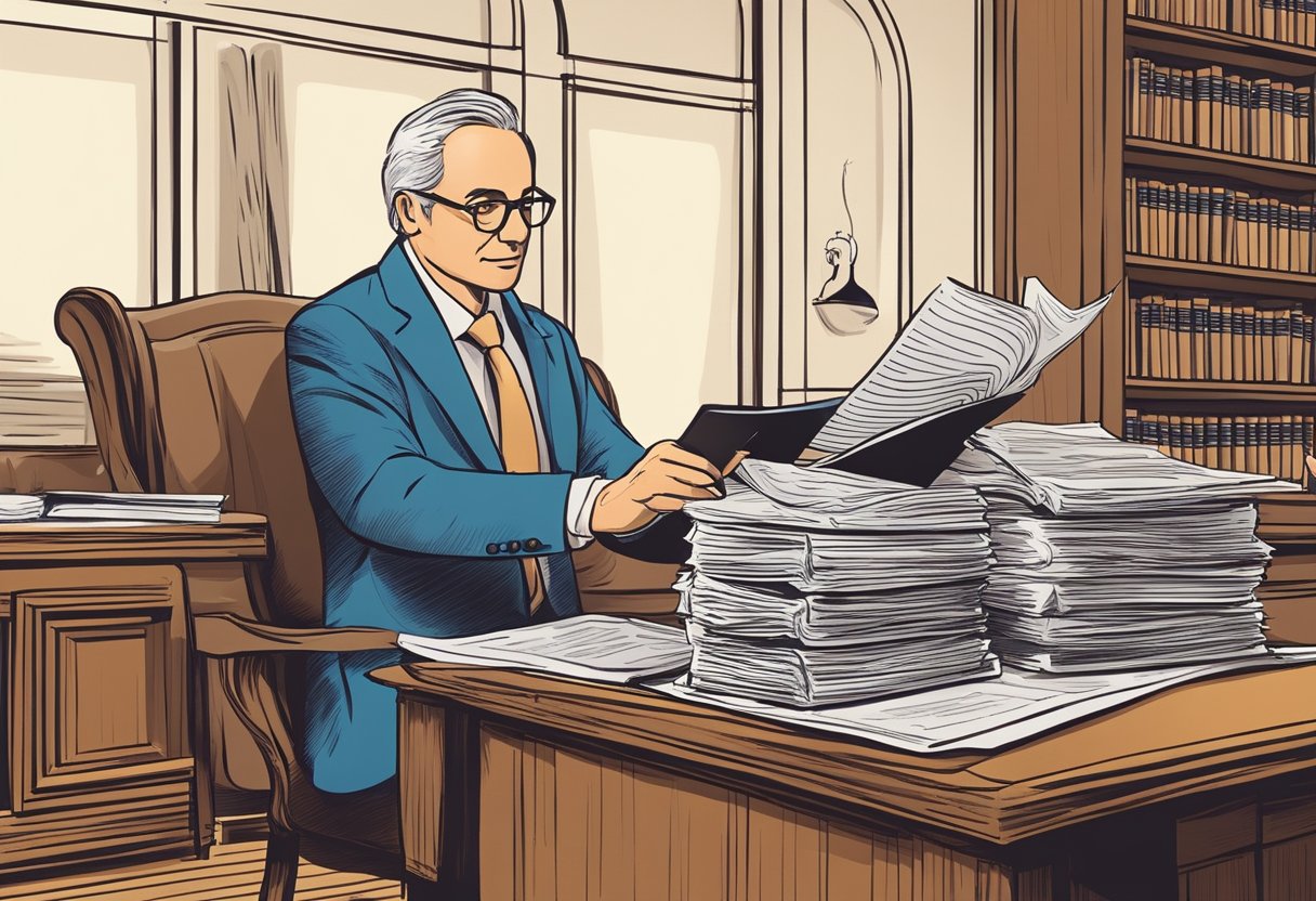 The Moneylenders Act is being read in a law office, with a stack of papers and a quill pen on a wooden desk