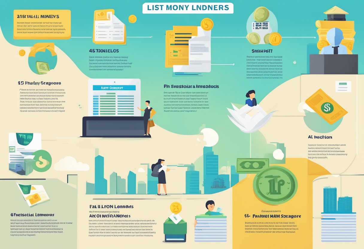 A list of money lenders in Singapore, with FAQ section highlighted, surrounded by financial symbols and logos