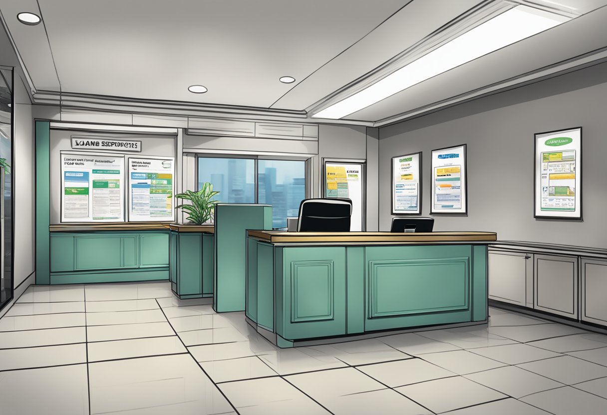 A well-lit office with a sign reading "Loan Services and Repayment Options" at a licensed money lender in Clementi. Various brochures and pamphlets displayed on the counter