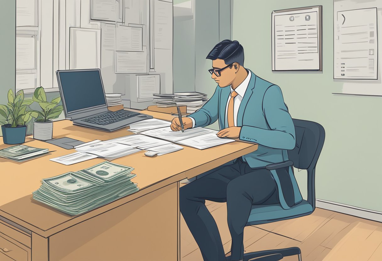 A person sitting at a desk, typing a formal letter requesting payment from money lenders. A calendar on the wall shows the deadline has passed