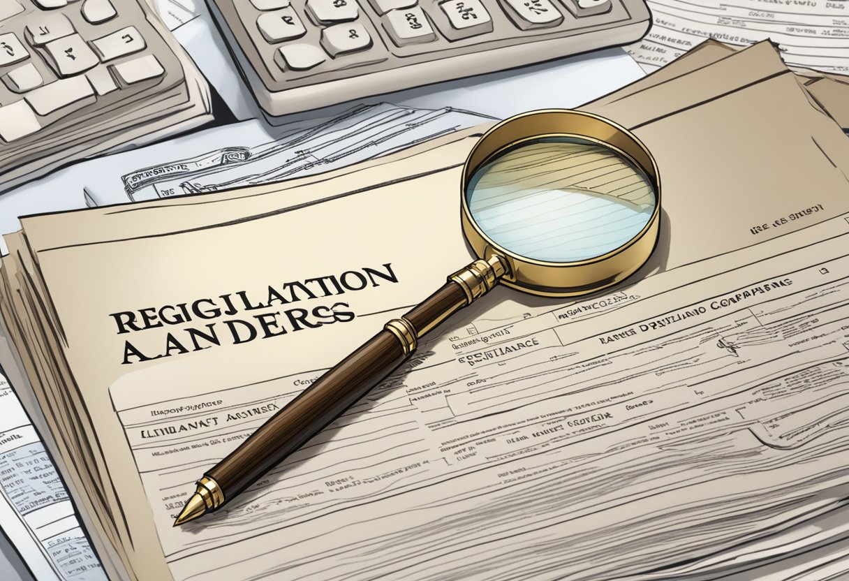 The law gazette sits atop a stack of papers, with a magnifying glass and a quill pen nearby. The words "Regulation and Compliance" and "Money Lenders Act" are prominently displayed on the cover