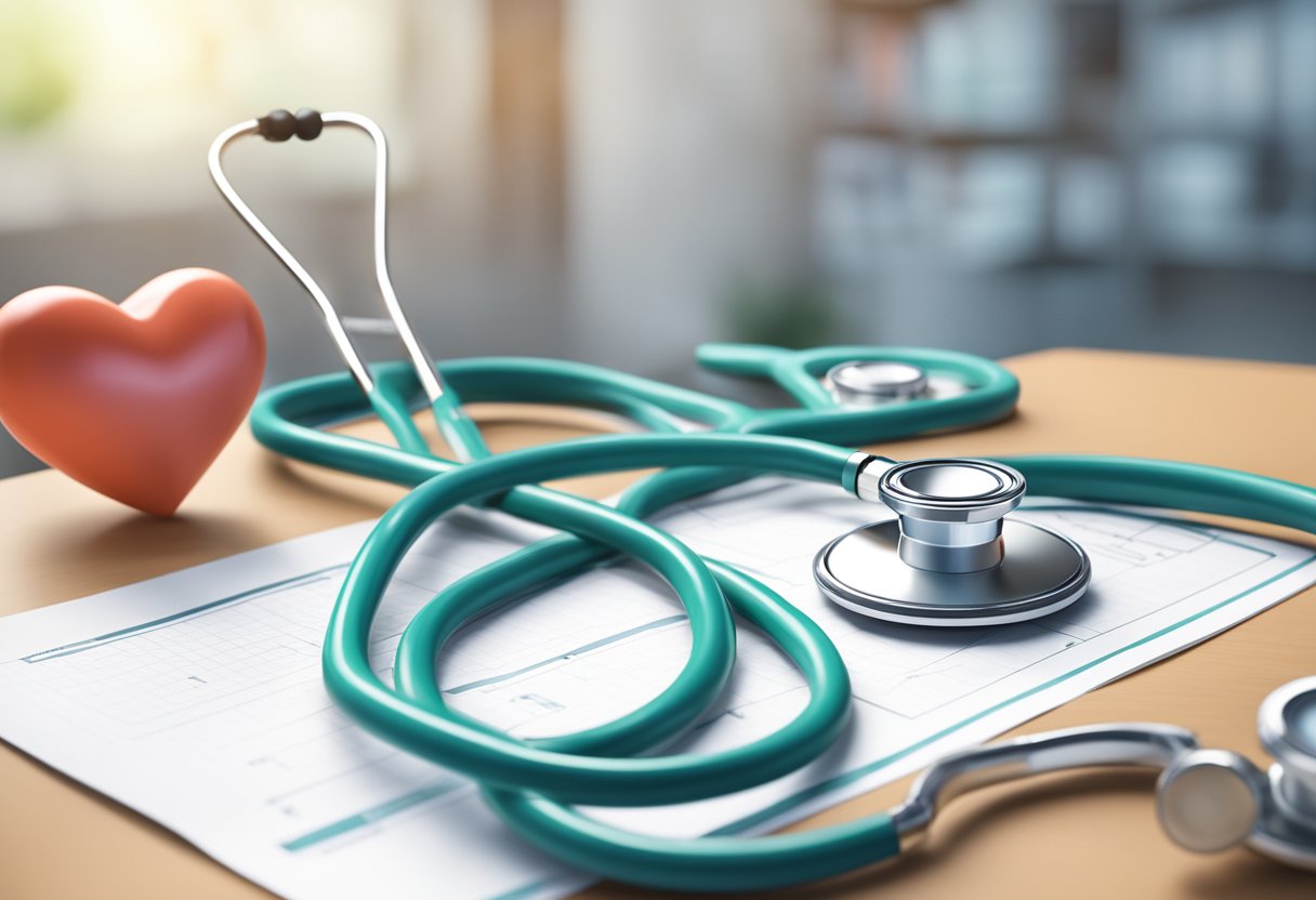 A stethoscope resting on a desk next to a medical chart and a heart model