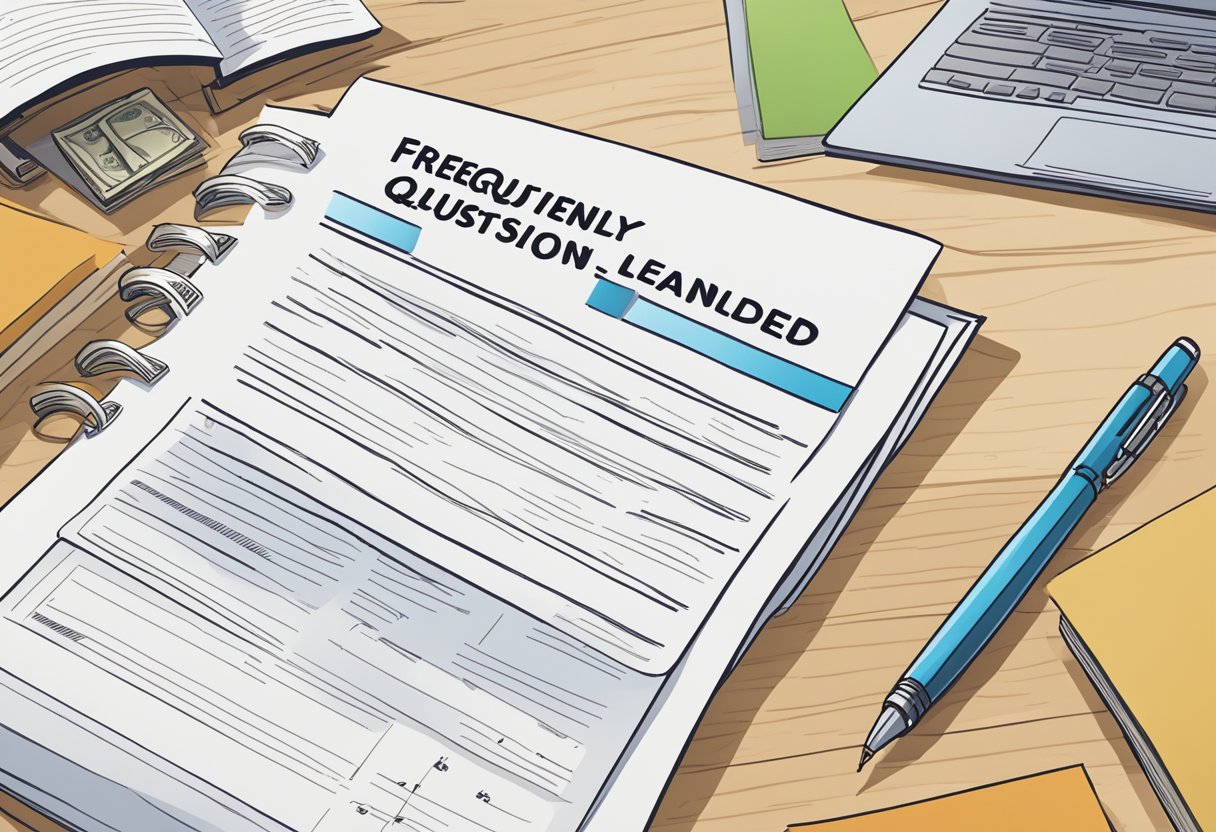 A table with a laptop displaying "Frequently Asked Questions" and a list of licensed money lenders. A stack of papers and a pen sit nearby