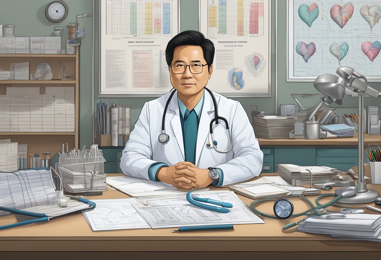 Dr. Jimmy Lim, a renowned cardiologist, is seen in his office surrounded by medical charts and heart models. He is deep in thought, with a stethoscope around his neck, and a compassionate look in his eyes