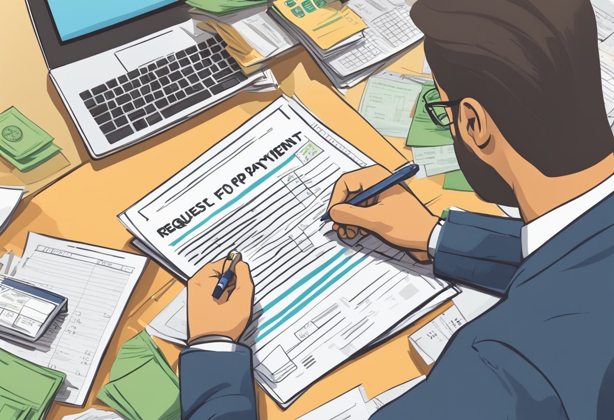 A person writing a formal letter with a title "Request for Late Payment" to a money lender, surrounded by documents and a calendar showing overdue dates