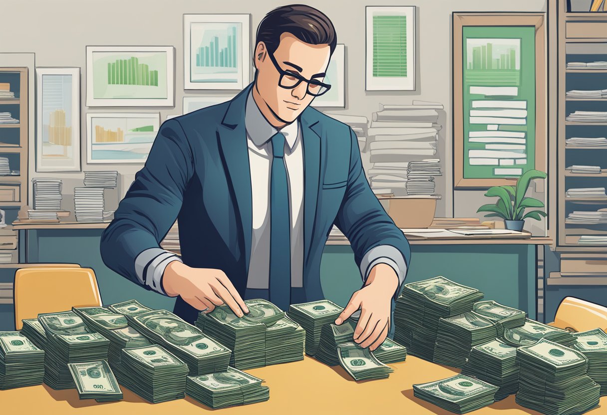 An abk money lender counting stacks of cash at a desk