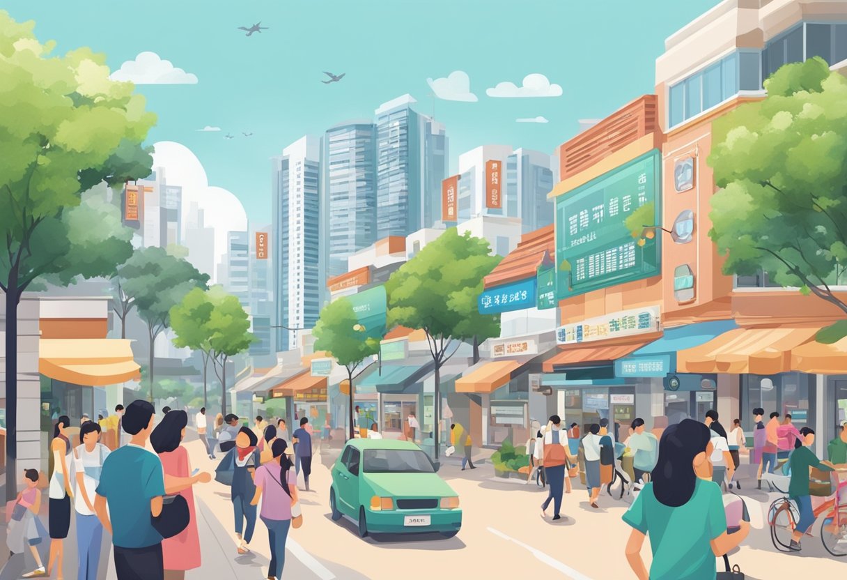 A bustling street in Jurong with a prominent sign for a licensed money lender, surrounded by small businesses and people going about their daily activities