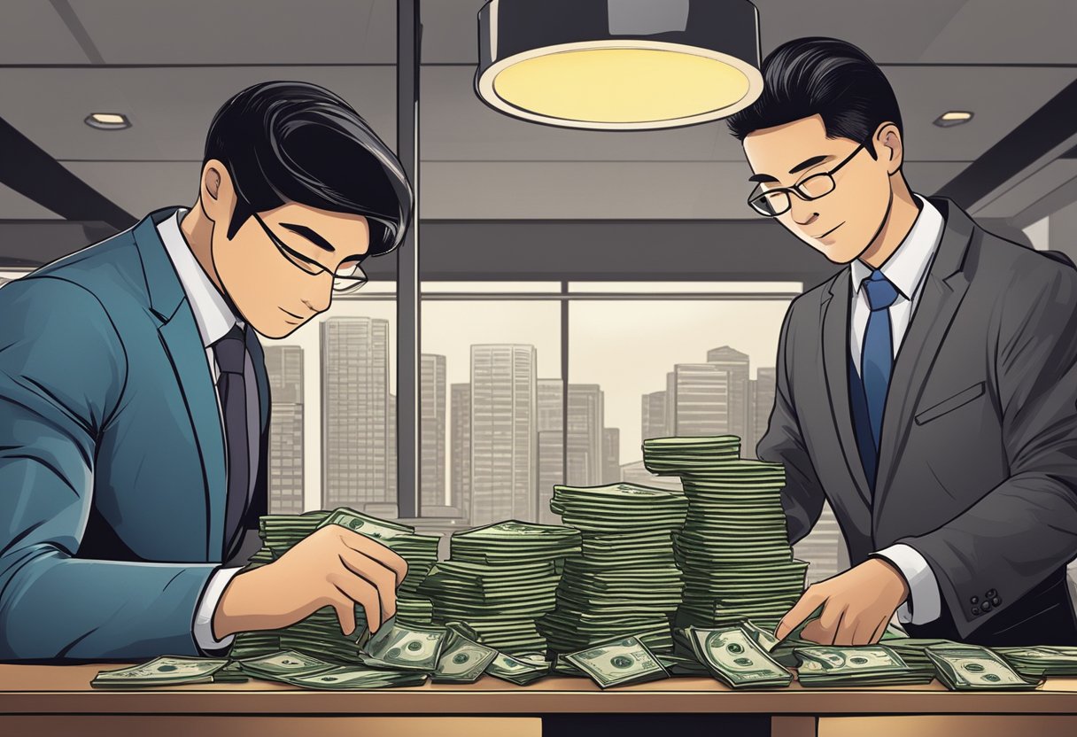 A money lender in Singapore counts stacks of cash on a desk. The room is dimly lit, with a safe in the background