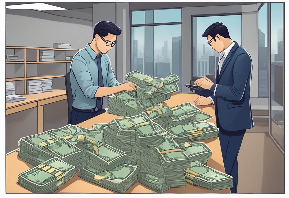 A licensed money lender in Singapore counting cash at a desk in a brightly lit office with a sign displayed prominently