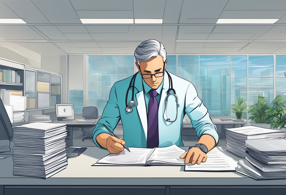 A cardiologist intently reviews research papers and clinical data in a modern office setting
