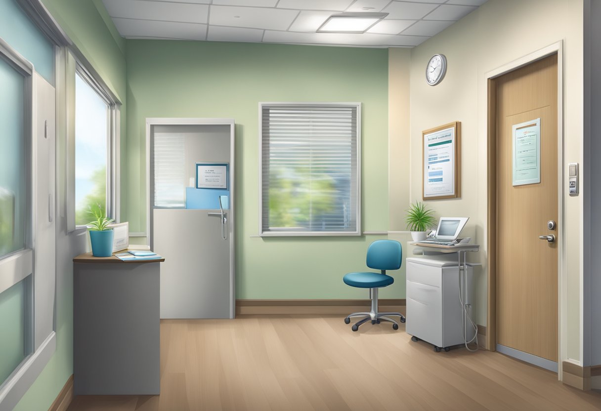 A doctor's office with a sign "Frequently Asked Questions" and a nameplate "Jimmy Lim, Cardiologist" on the door
