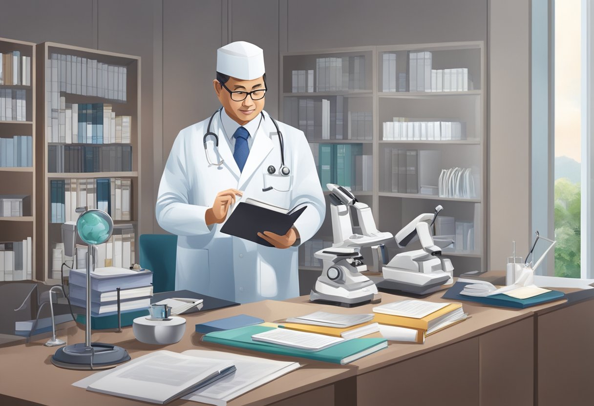 A cardiologist at Gleneagles Singapore conducts research and educates, surrounded by medical equipment and books