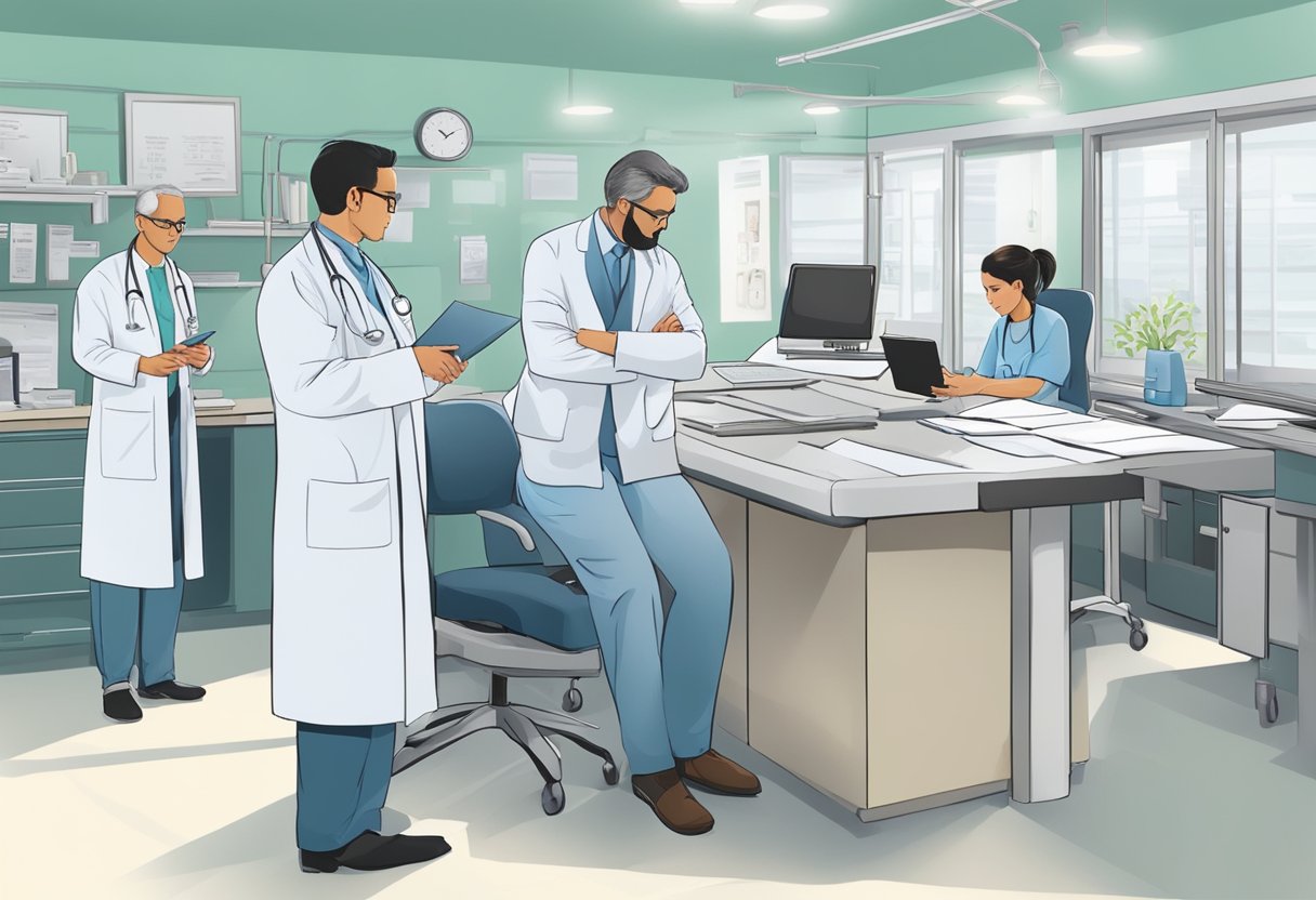 A cardiologist reviewing medical charts and consulting with colleagues in a hospital setting