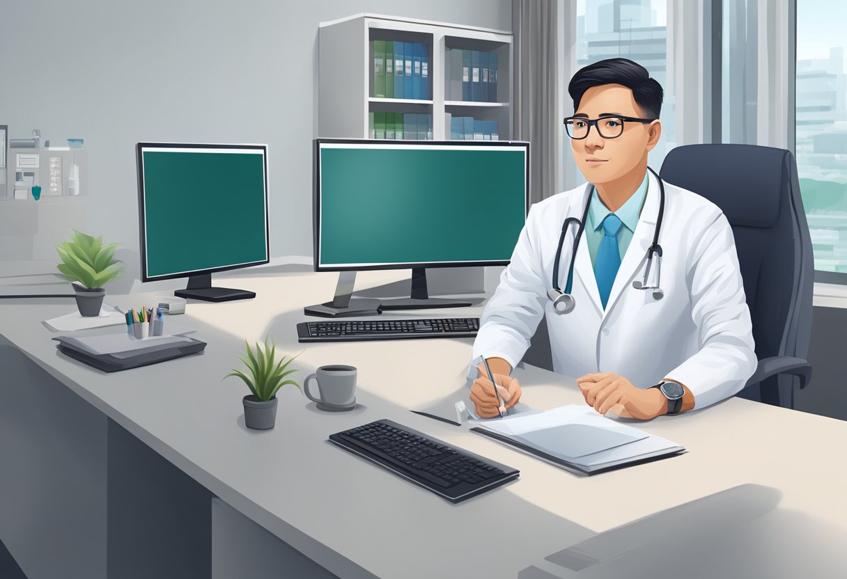 A cardiologist at Gleneagles Singapore answers frequently asked questions in a modern, well-lit office with a computer and medical equipment