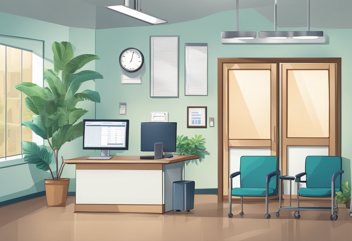 A doctor's office with a desk, computer, and waiting area. A sign reads "Frequently Asked Questions" for a cardiologist