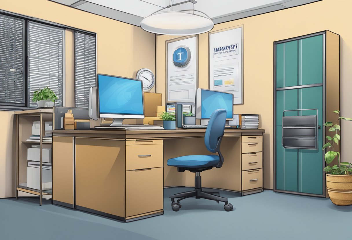 A moneylender's office in Singapore, with a sign displaying the association's logo. A desk with paperwork and a computer, and a secure safe in the corner