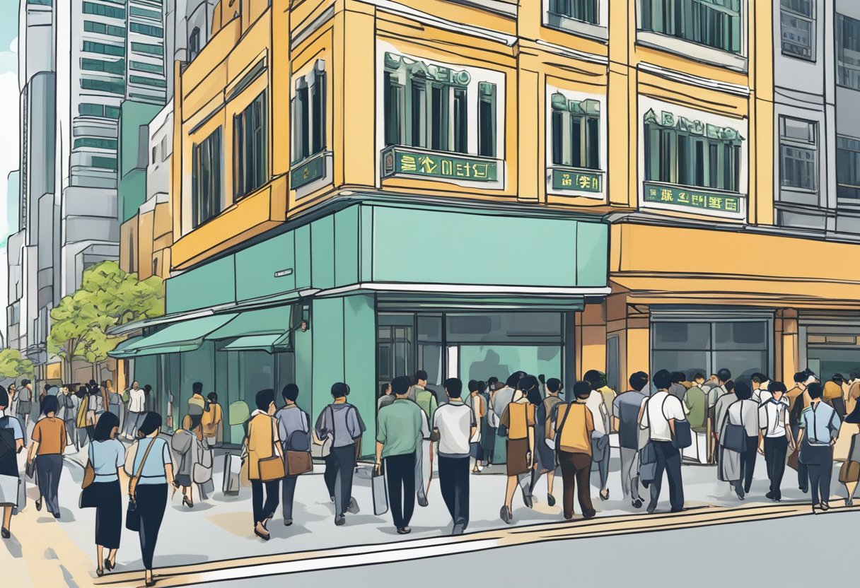 A bustling financial district in Singapore, with a prominent ABK Money Lender storefront surrounded by other financial institutions. The scene exudes a sense of activity and importance in the city's financial market