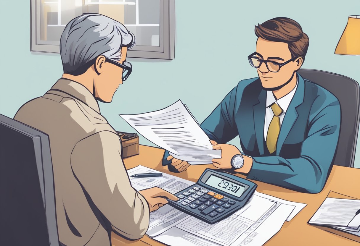 A person receiving financial advice from a licensed money lender, sitting at a desk with paperwork and a calculator, discussing loan options