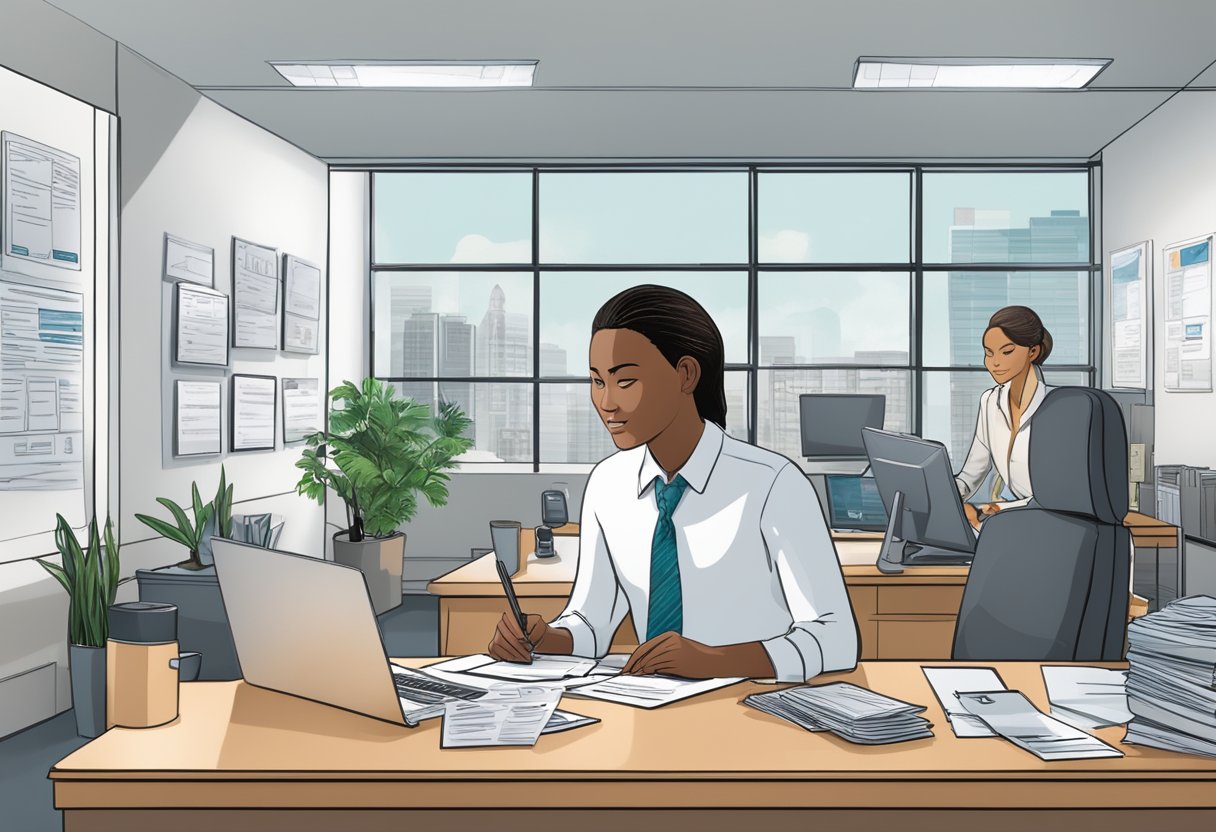 A person at a desk in a licensed money lender's office, filling out paperwork and discussing terms with a staff member. The office is clean and professional, with signs displaying loan options
