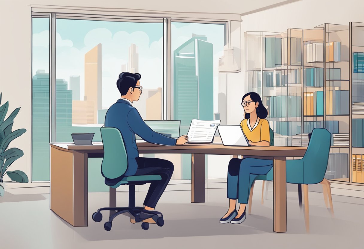 A customer sitting at a desk, asking questions to a licensed money lender in Singapore. The lender is confidently answering the customer's inquiries