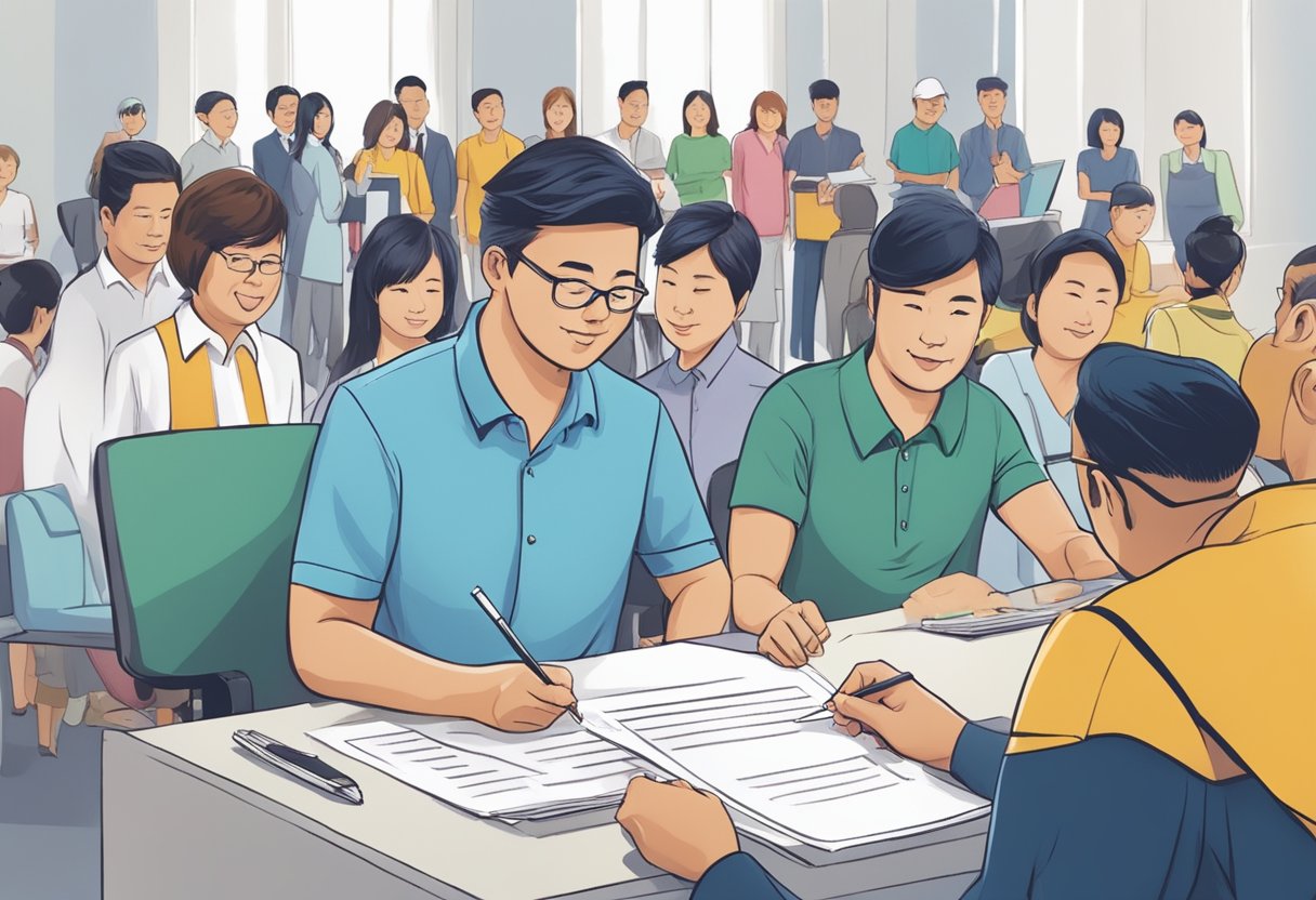 A person signing a membership form for the Association of Moneylender Singapore, with a welcoming committee eagerly waiting to assist