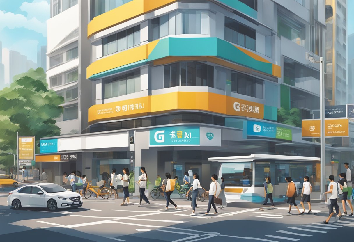 A busy street corner in Toa Payoh Central, with a prominent sign for licensed money lender GT Credit. Pedestrians and traffic pass by
