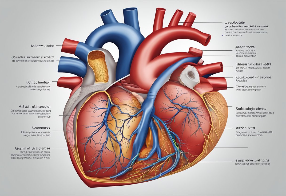 The heart is located in the center of the chest, slightly tilted to the left. Its structure consists of four chambers and various blood vessels