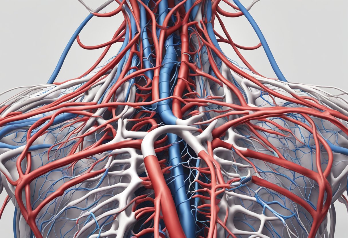 A network of arteries and veins carries blood through the body, with the heart pumping to circulate it