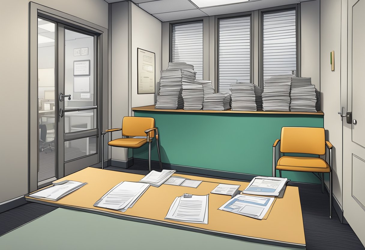 A desk cluttered with loan documents, a closed sign on the door, and an empty waiting area