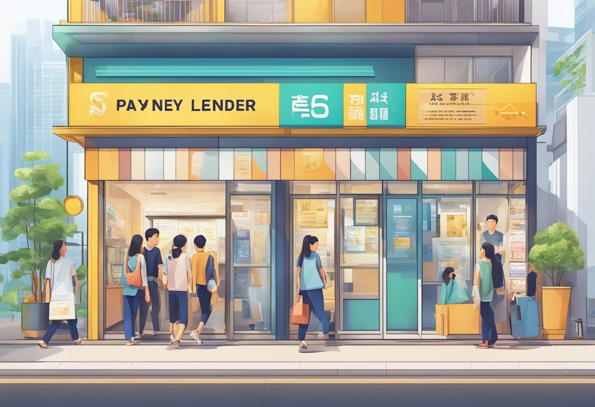 A brightly lit storefront of Paya Lebar money lender, with a prominent sign and people entering and exiting