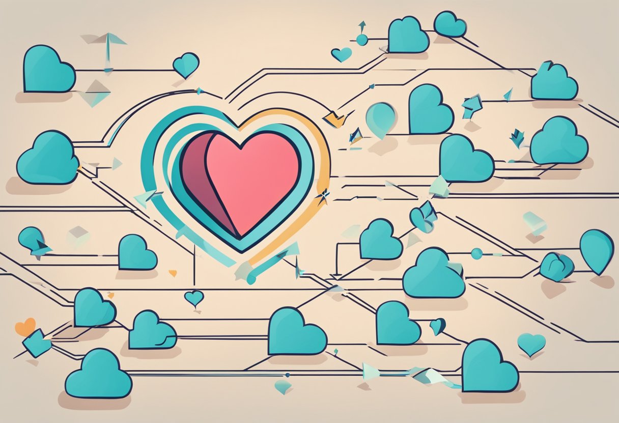 A heart with a question mark hovering above it, surrounded by arrows pointing in different directions