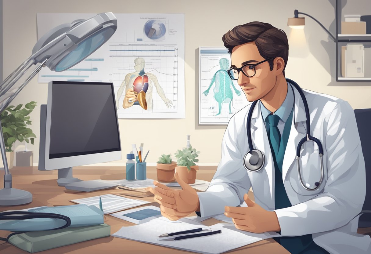 A doctor with a stethoscope listening to a patient's heart, surrounded by medical equipment and charts