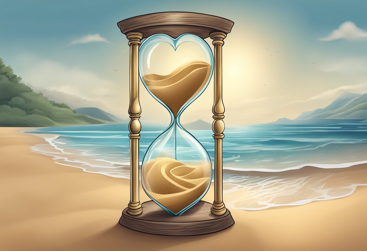 A heart-shaped hourglass with sand running out