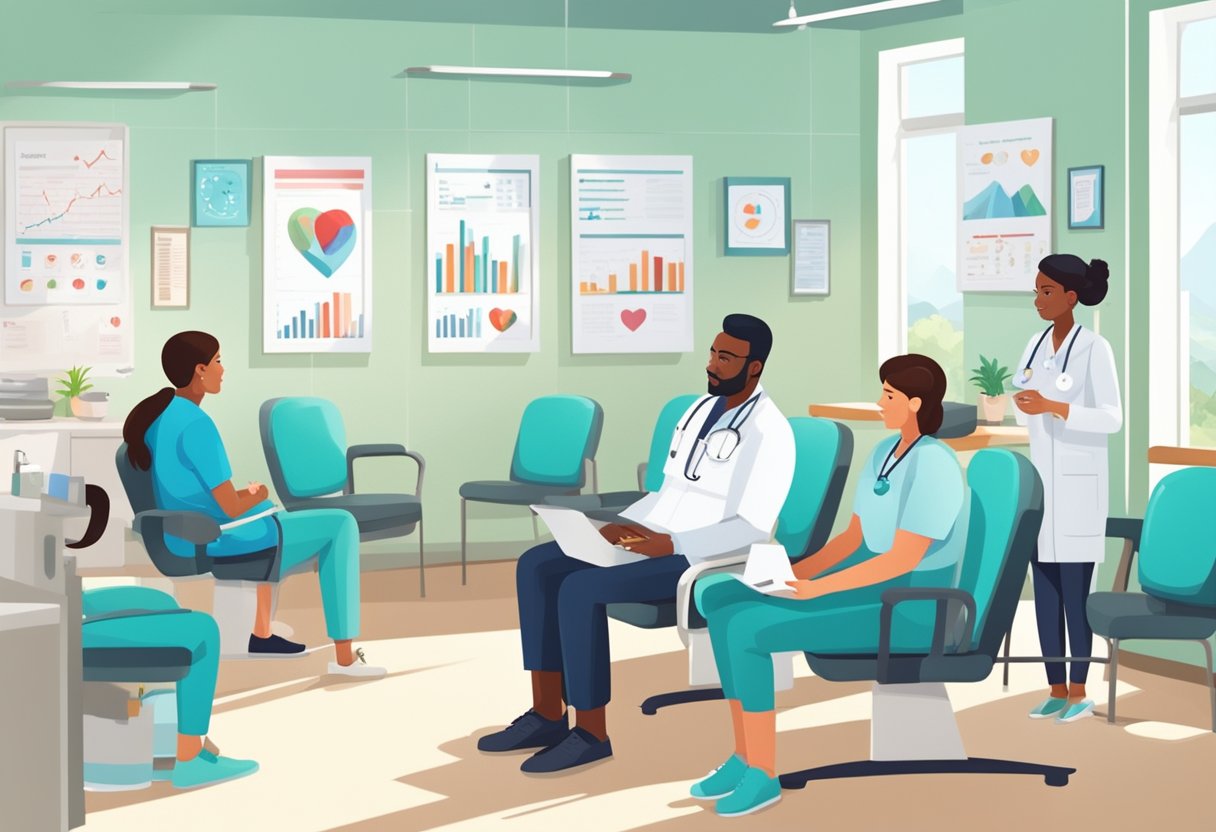 Patients sit in a bright, airy clinic. Nurses bustle about, checking vitals and updating charts. Posters on the walls display heart-healthy tips and diagrams