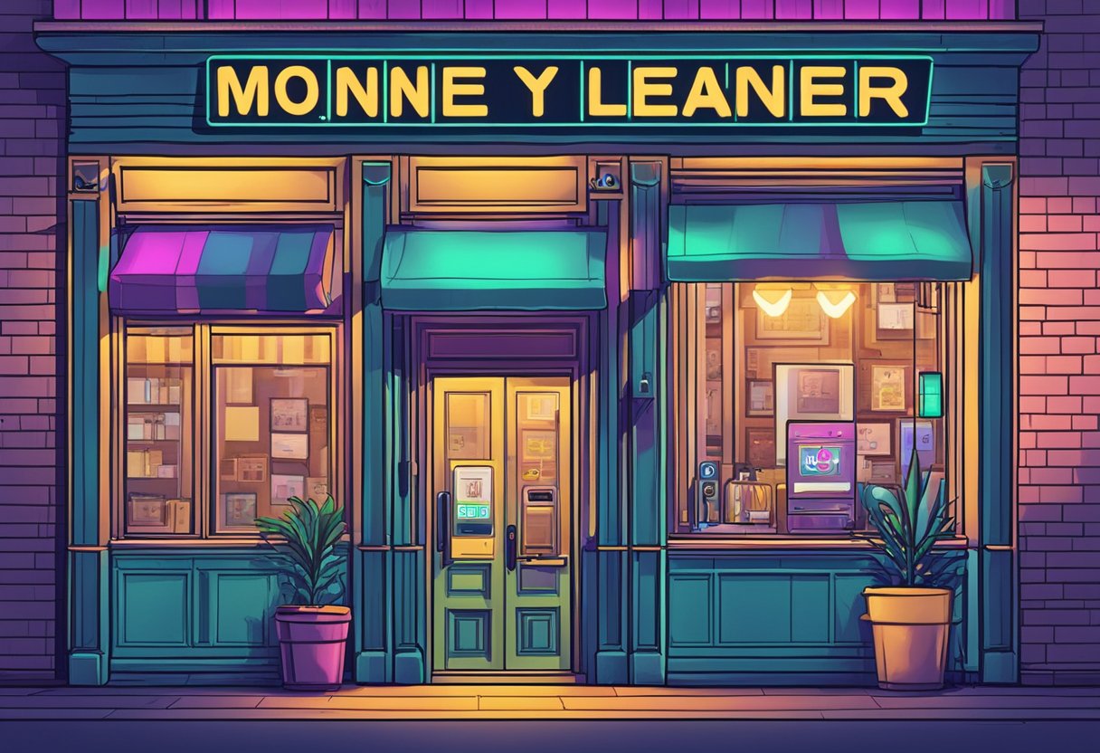 A storefront with "Licensed Money Lender 122 2017" sign. Neon lights illuminate the entrance. Security camera mounted above the door