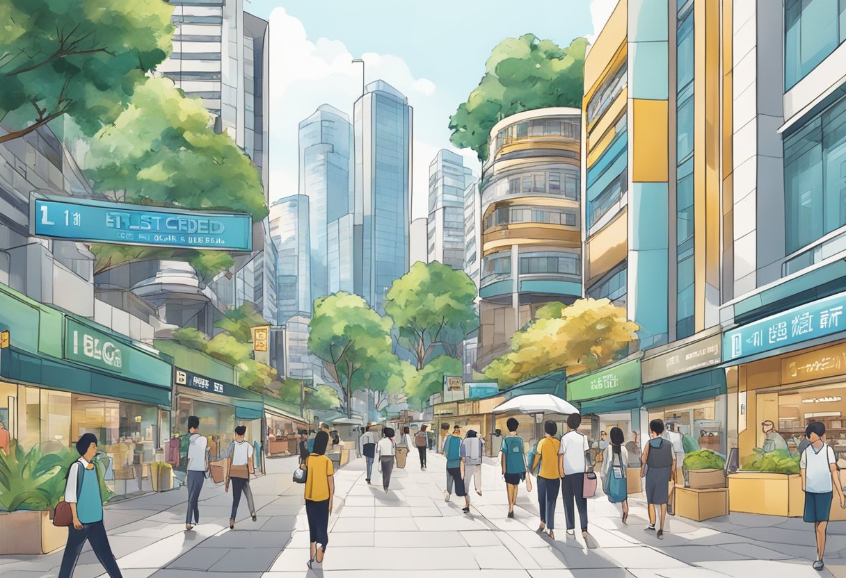 A bustling street in Orchard, Singapore. A sign reads "1st LG Credit - licensed money lender." Buildings line the street, and people walk by