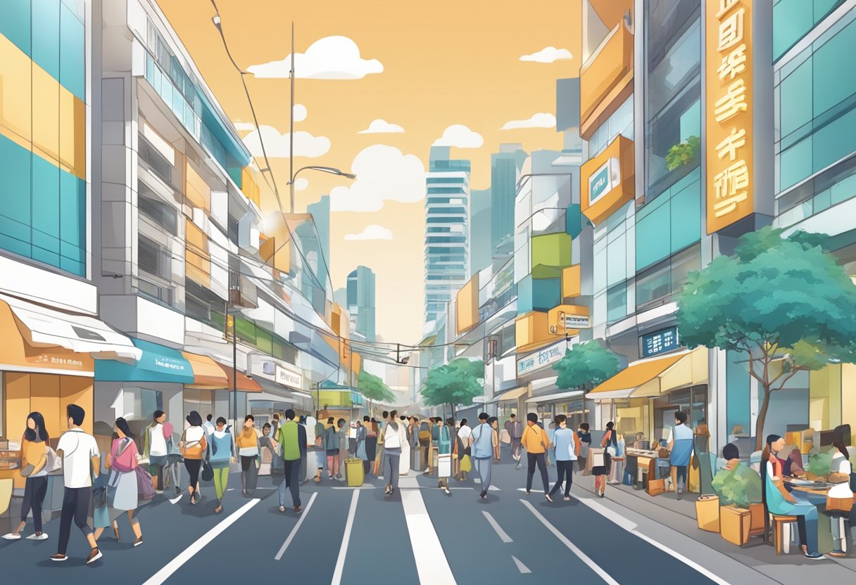 A bustling street with a prominent sign for Paya Lebar Moneylending Services, surrounded by various businesses and people going about their day