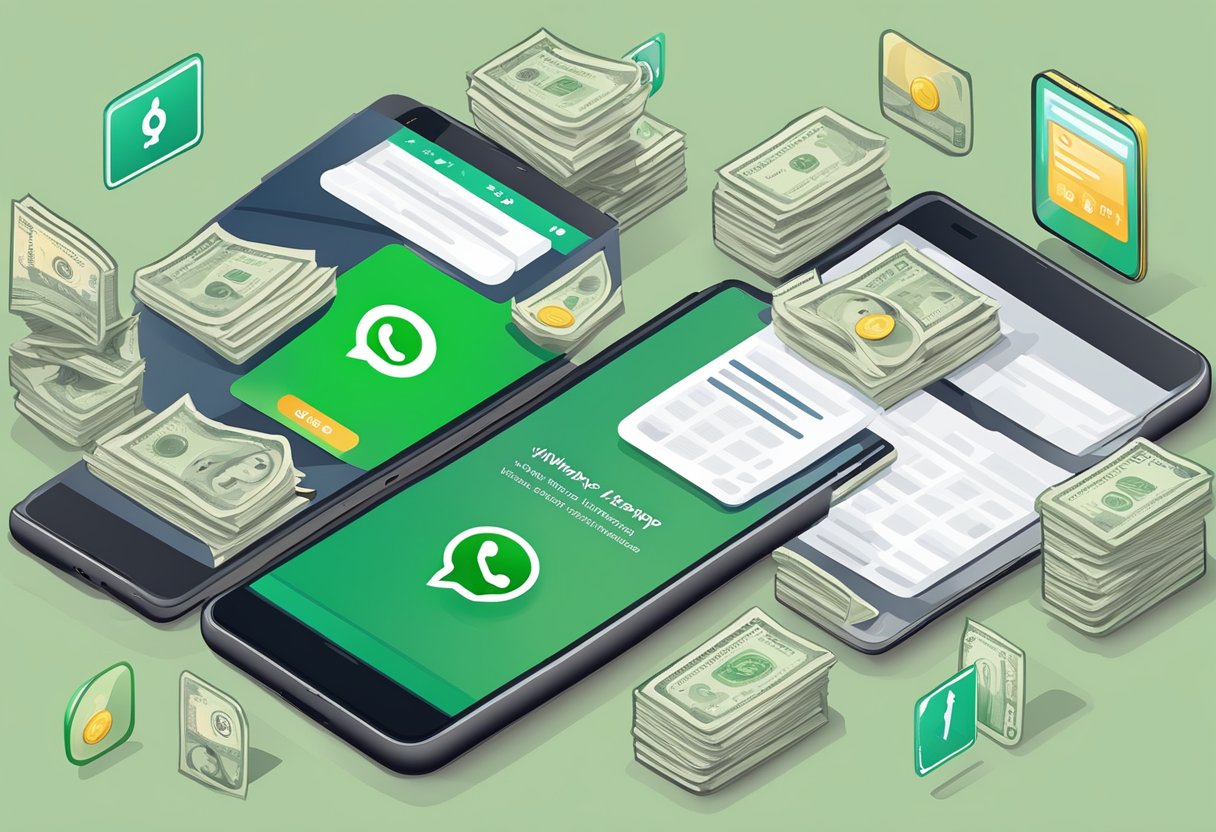 A smartphone displaying a WhatsApp conversation with a licensed money lender advertising their services through text and images