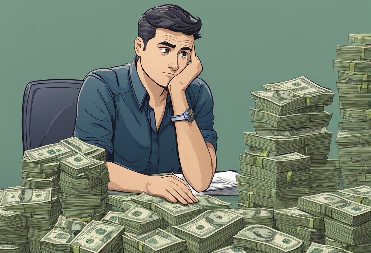 A table with a pile of cash, a lending contract, and a worried expression on the borrower's face