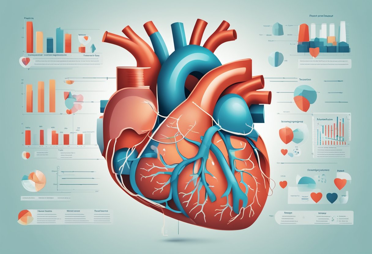 A heart-shaped diagram surrounded by medical equipment and charts, representing the impact of heart disease on longevity