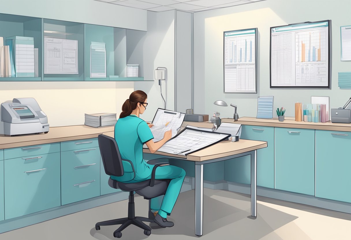 A cardiologist reviewing patient charts and conducting diagnostic tests in a modern medical office