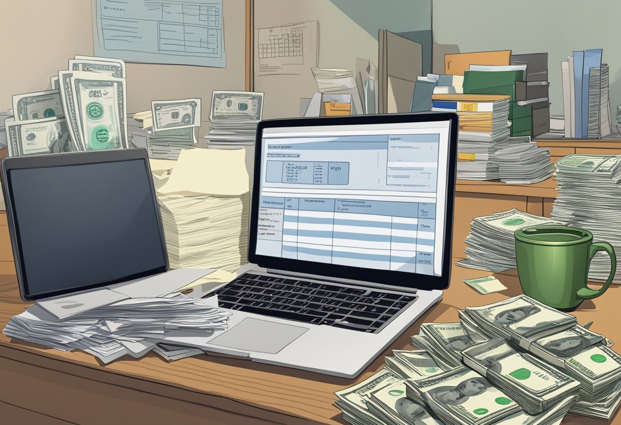 A cluttered desk with stacks of cash, loan application forms, and a calculator. A sign with "IPTO Singapore Money Lender" hangs on the wall