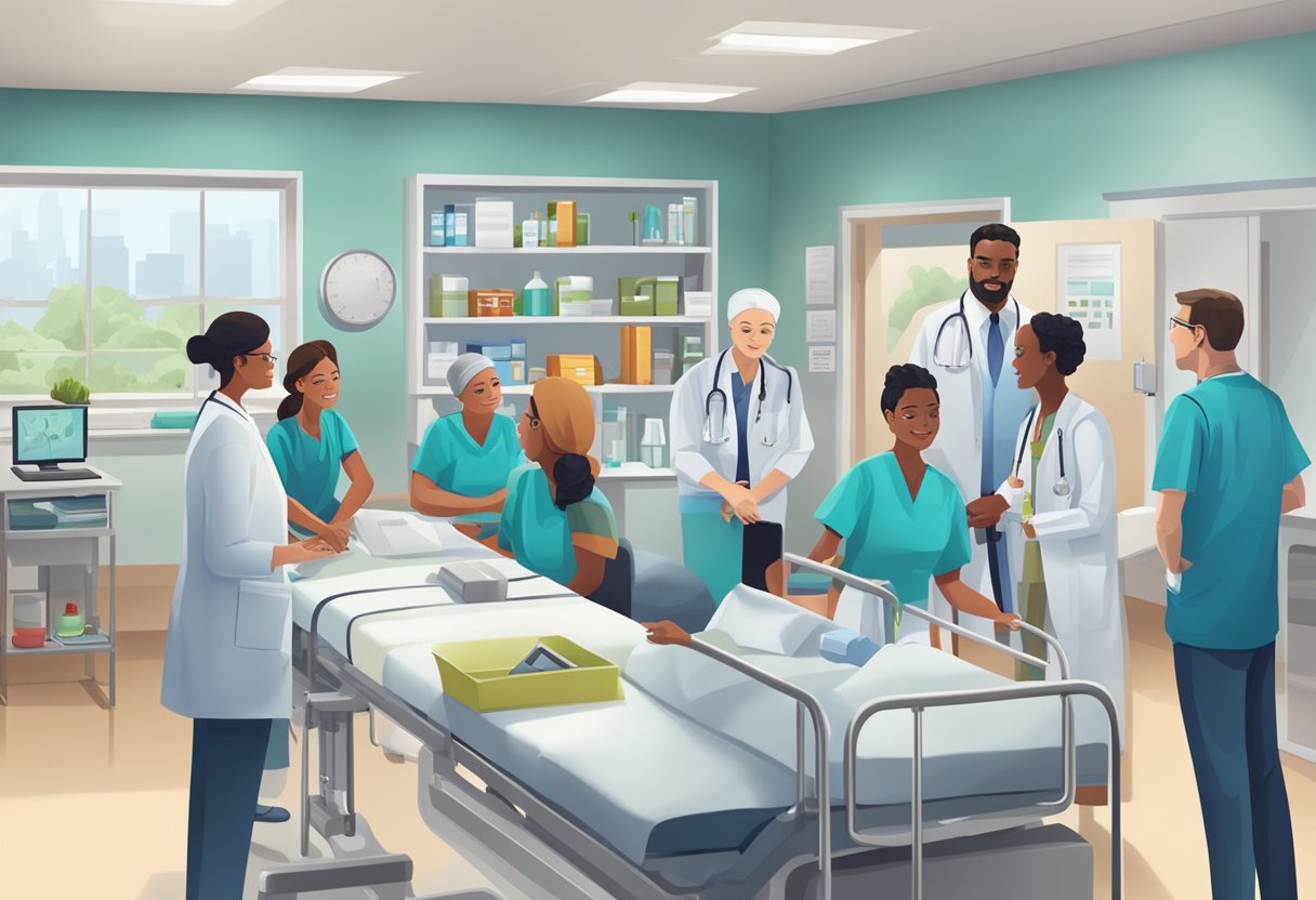 A bustling heart failure clinic with patients waiting, nurses bustling, and doctors discussing treatment plans