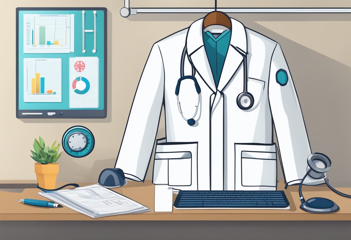 A stethoscope hanging on a white coat pocket, next to a desk with medical charts and a computer