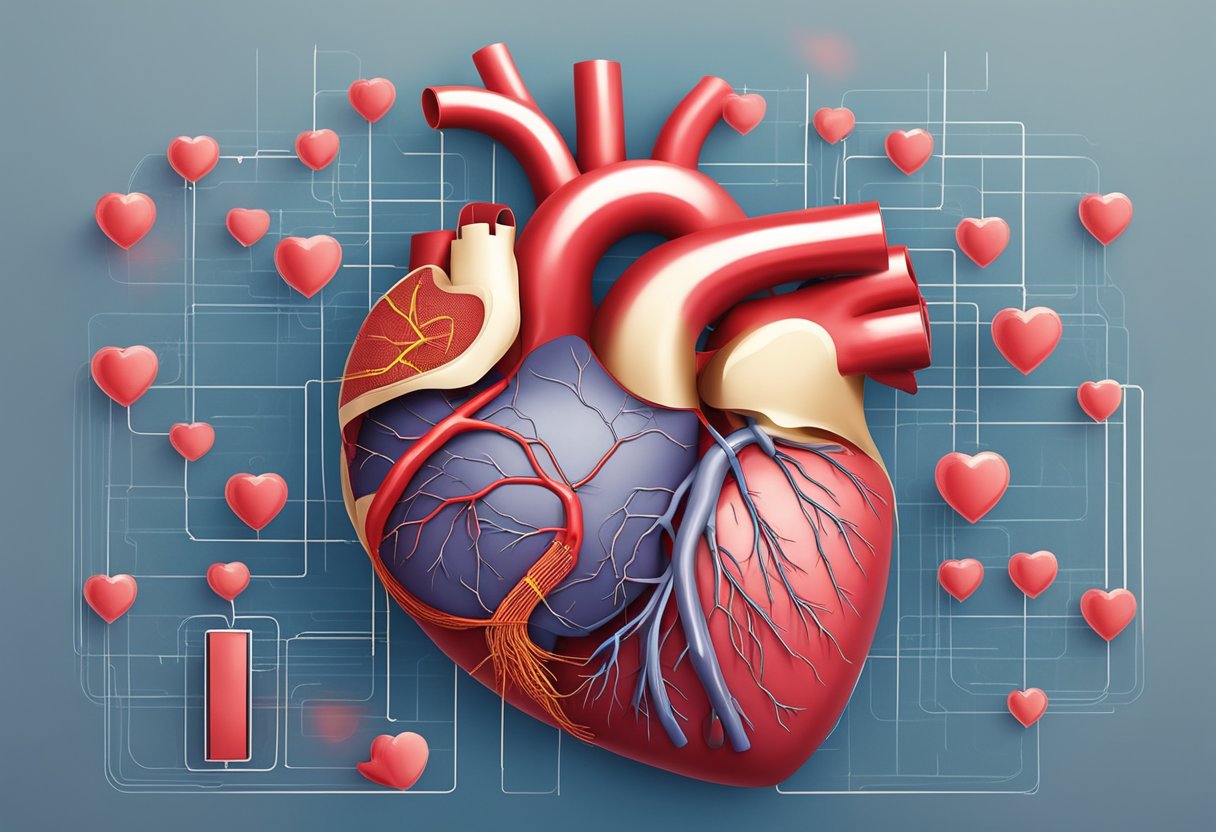A heart-shaped organ surrounded by a network of blood vessels, with a pulse monitor displaying irregular heartbeats